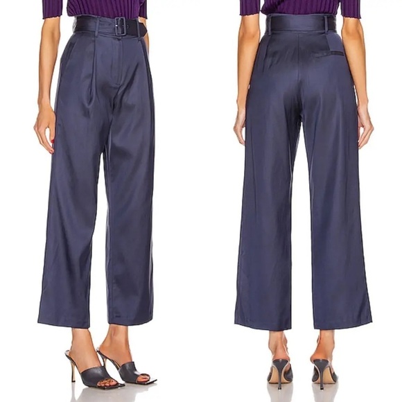 Fleur du Mal Pants - Fleur du Mal Twill Belted Navy Blue High Rise Wide Legs Trouser Pants Size 4